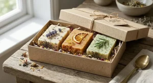 Luxury vegan soap bar gift set featuring three assorted botanical soap blocks in a cardboard box