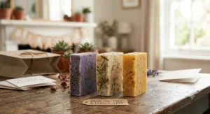 Three zero-waste vegan soap bars standing upright, highlighting their plastic-free and palm-oil-free formulation.