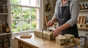 British artisan soap maker carefully cutting fresh batches of handmade plastic free soap
