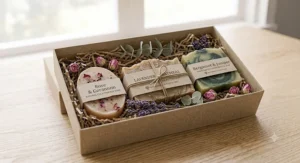 Gift box containing a selection of natural British cold process soap bars with dried flowers