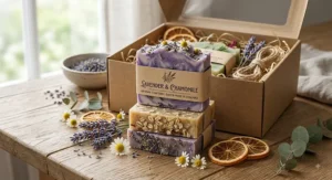 Stack of natural handmade soap bars infused with British lavender and chamomile in a gift set.