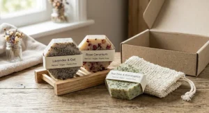 Unboxed zero waste soap gift set displaying three organic soap bars, a sisal soap saver pouch, and a wooden soap dish.
