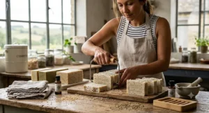 Artisan handmade zero waste soap bar for hair and body cut freshly in a sustainable British workshop.