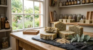 Selection of botanical scented plastic free soap bars with dried oats and eucalyptus on slate