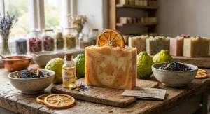 Zesty citrus and Earl Grey bergamot handmade soap bar with natural essential oils and slice of dried orange.