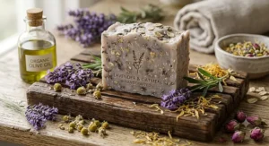 Artisan cold process soap bar surrounded by organic olive oil and dried British botanicals