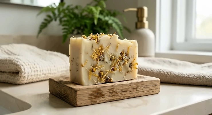 Handmade cold process soap bar with natural calendula and chamomile petals for sensitive skin