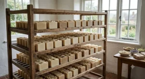 Bars of gentle cold process soap curing naturally on a wooden drying rack
