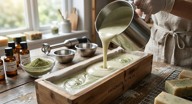 Pouring smooth liquid batter into a soap mould during traditional cold process soap making, Cold process soap vs hot process soap