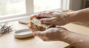 Hands producing a rich creamy lather using a moist natural cold process soap bar