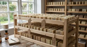 Handmade cold process soap bars curing on wooden drying racks over four to six weeks