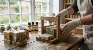 Cutting a freshly made soap loaf into individual natural soap bars using a wooden soap cutter