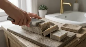 A hand slicing a large zero waste soap bar into smaller pieces using a knife on a wooden board.