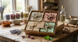 Plastic-free gift box featuring four artisan handmade soap bars tied with natural jute twine.