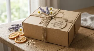 Plastic-free packaging for a handmade soap bar gift set tied with natural jute twine.