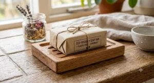 Plastic-free zero waste soap bar wrapped in recyclable paper packaging