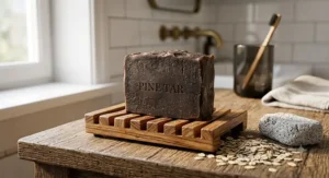 Exfoliating pine tar plastic free soap bar for men alongside natural oat flakes and pumice