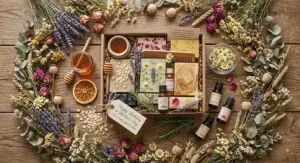 Overhead view of a complete handmade soap bar gift set hamper surrounded by dried flowers.