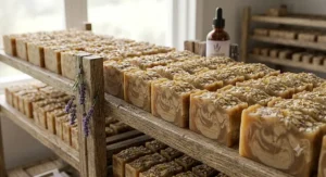 Rows of freshly cut cold process soap bars curing on timber drying racks