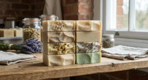 Stack of artisan cold process soap bars made with soothing ingredients for sensitive skin