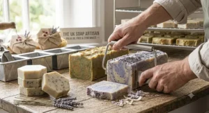 Artisanal palm-oil-free soap bars being sliced by hand, suitable for a UK-made zero waste soap gift set.