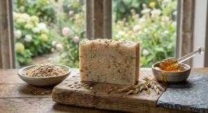 Exfoliating honey and oatmeal handmade soap bar for dry skin texture relief