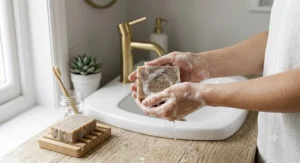 A beginner using a natural zero waste soap bar with warm water to create a rich lather in a bathroom.