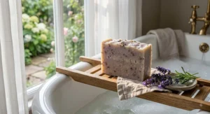 Gentle lavender handmade soap bar designed to moisturise dry skin during a relaxing bath