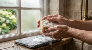 Rich creamy lather from a handmade soap bar for dry skin care routine