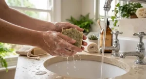 Rich creamy lathering of a natural plastic free soap bar under running water in a washroom basin