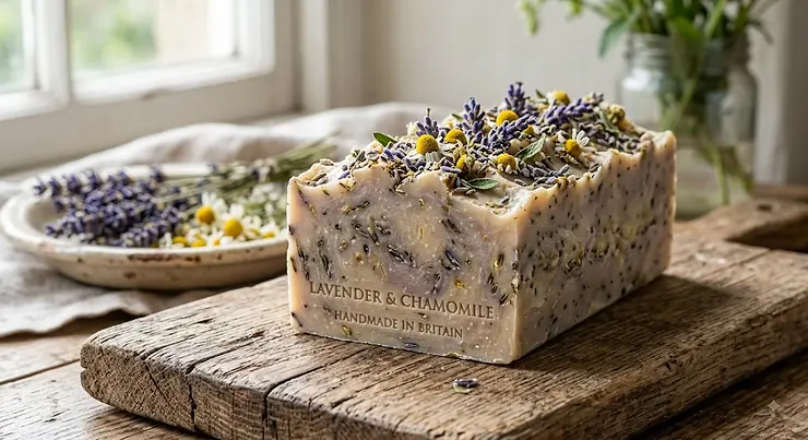 Hand-crafted lavender and chamomile soap bar topped with dried British botanicals on a rustic wooden board.