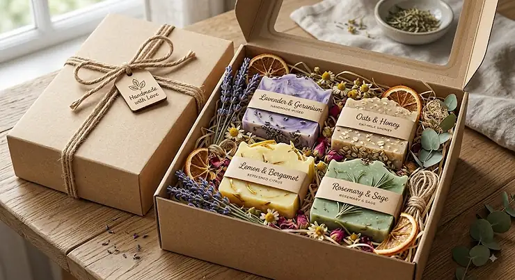 Luxury handmade soap bar gift set presented in an eco-friendly gift box with dried botanicals.