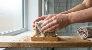 Rich lather forming on a natural moisturising soap bar as a gentle soap to replace shower gel in daily routines.