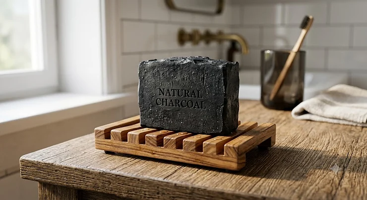 Handcrafted natural charcoal plastic free soap bar for men resting on a wooden draining soap dish