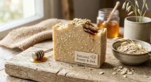 Natural honey and oatmeal handmade soap bar with organic ingredients, suitable for sensitive skin.