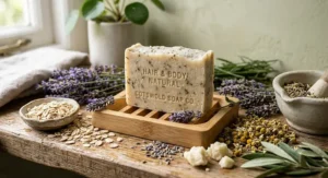 Eco-friendly zero waste soap bar for hair and body surrounded by natural botanical ingredients like lavender and oats.