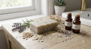 Natural plant-based ingredients including lavender sprigs, oats, and essential oils surrounding a handmade soap bar.