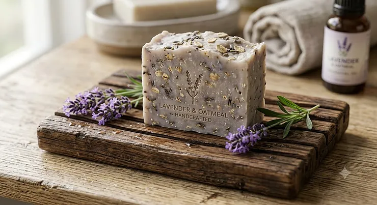 Handcrafted lavender and oatmeal cold process soap bar resting on a wooden draining dish