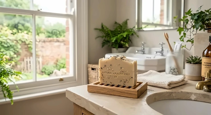 Natural plastic free soap bar resting on a wooden draining dish in an eco-friendly British bathroom