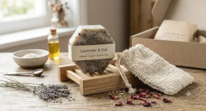 Sustainable wooden soap dish and organic cotton exfoliation bag included in an eco-friendly zero waste soap gift set.