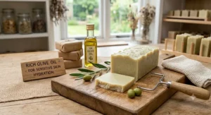 Rich olive oil cold process soap sliced on a board, ideal for sensitive skin hydration