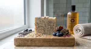 Handmade British botanical soap bar crafted with natural ingredients like oat and lavender to replace commercial shower gel.