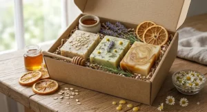 Close-up of a handmade soap bar gift set featuring natural oat, honey, and herbal slices.