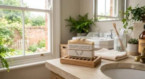 Handmade organic lavender plastic free soap wrapped in sustainable recyclable paper packaging