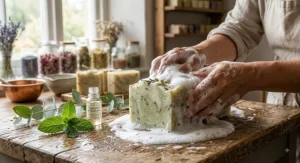 Refreshing peppermint and eucalyptus organic handmade soap bar producing a rich, creamy lather.
