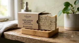 Recyclable cardboard box packaging for a plastic-free zero waste soap bar for hair and body.