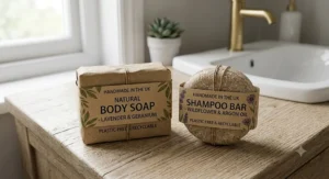 A comparison showing plastic-free body soap and shampoo bars wrapped in recyclable paper packaging.