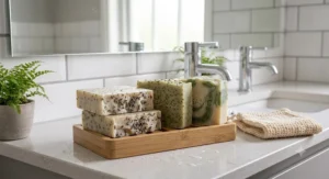 Collection of artisan zero waste soap bars infused with lavender and tea tree extracts