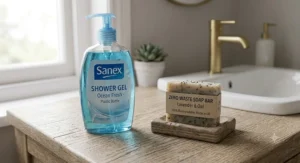 Side-by-side view of a single-use plastic shower gel bottle alongside a sustainable zero waste soap bar.
