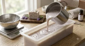 Artisan pouring freshly mixed batter into a mould to make a cold process soap bar